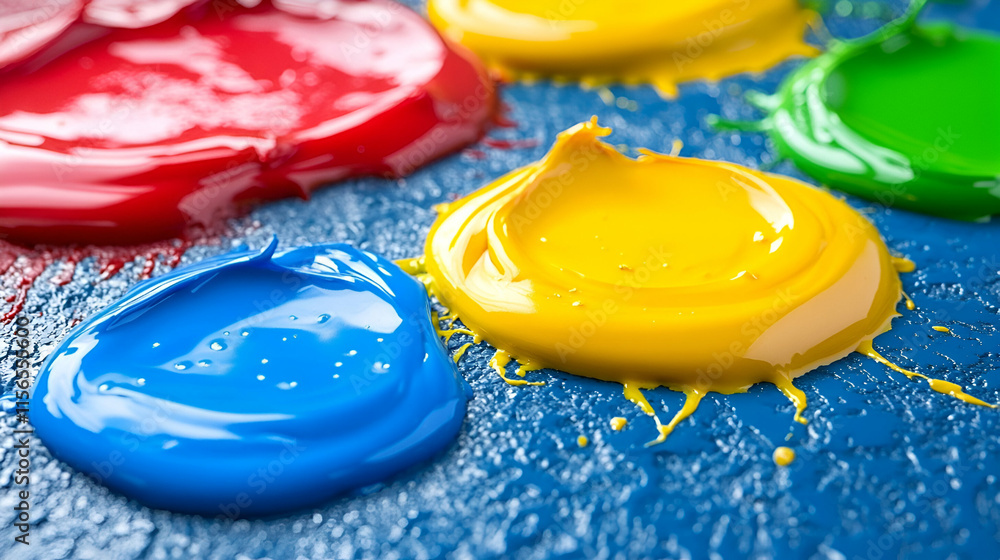 Poster vibrant color splashes on textured surface, painting process showcases dynamic hues and texture.