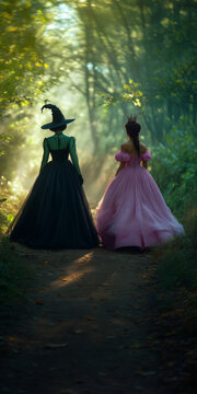 Back view of a green witch and a pink princess looking into a forest. Vertical wallpaper.