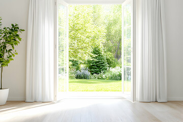 Fototapeta premium Serene Garden View, French Doors Open to Lush Greenery, Sunlight Streams In, Creating a Peaceful Atmosphere.