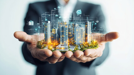 Businessman holding miniature city model with technology