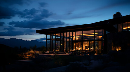 Obraz premium Mountain View Modern Home at Night, Illuminated Glass Walls Showcase Interior Design, Featuring a Cozy Patio and Breathtaking Scenery.