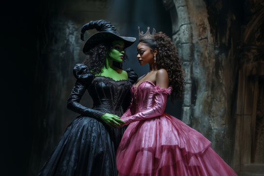 A witch and a princess in a pink gown holding hands. Dark stage set background.