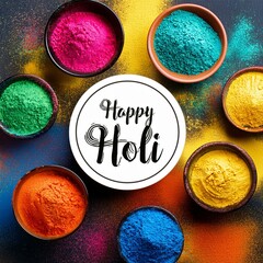 Festival of colors, indian popular festival happy holi with banner style and holi colors in group of bowls
