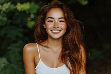 Happy Young Woman with Long Red Hair Smiling Outdoors