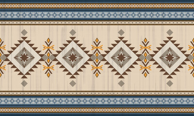 Geometric tribal design with a beige background complemented by deep blue and brown accents. The symmetrical composition features diamond shapes and arrow motifs. For use in textile patterns, wall art