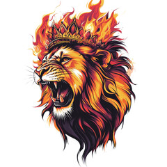 Obraz premium A majestic lion's head, crowned and engulfed in flames, roars with power and authority. This vibrant digital art piece is perfect for projects needing a bold, regal.