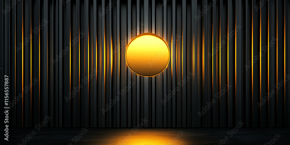 Poster golden circle on dark vertical stripes: abstract minimalist background design with warm lighting eff