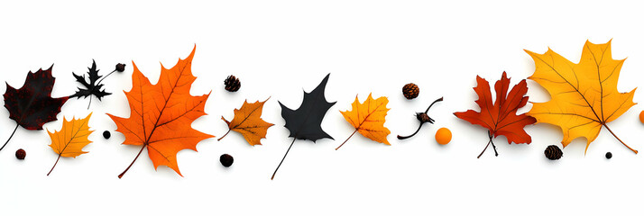 Obraz premium Autumn Leaves Arrangement, Colorful Fall Foliage with Pinecones and Berries on White Background