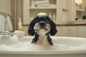 Fluffy Dog in a Bubble Bath