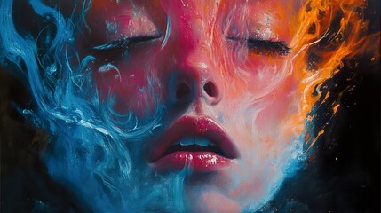 Abstract Face in Blue and Orange: Dreamy Surreal Portrait Painting