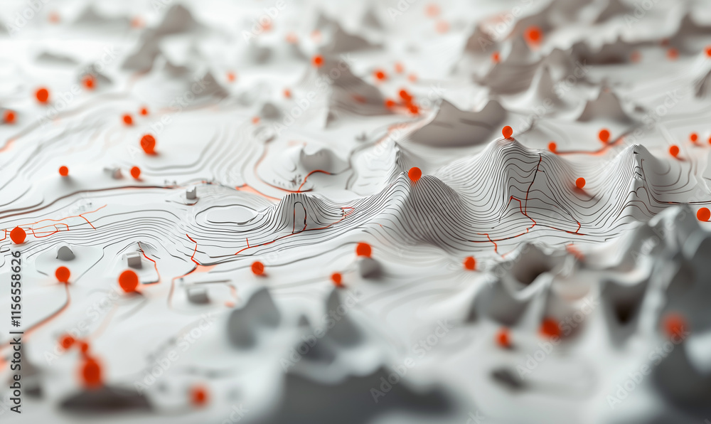 Poster detailed topographic model with white peaks and orange dots representing data points or locations.