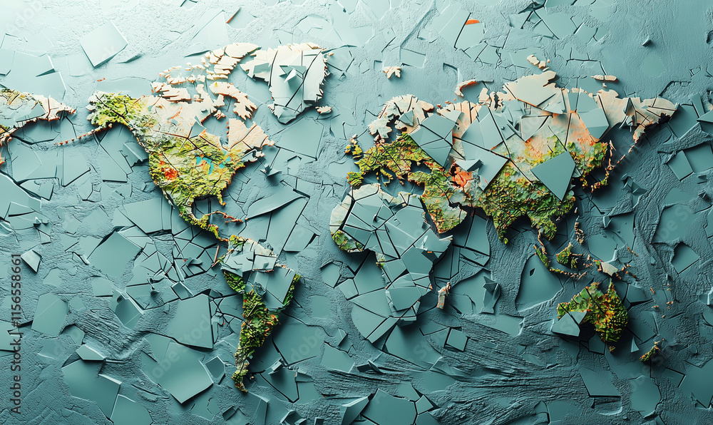 Aufkleber a textured map of the world composed of various colors and patterns, blending nature with abstract d