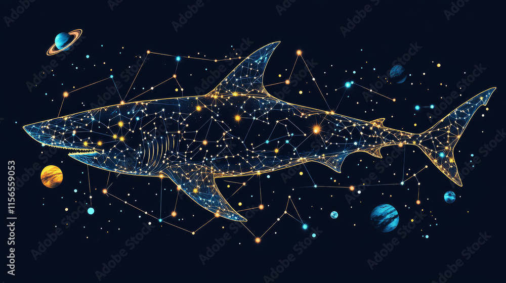 Poster abstract image of a shark in the form of a starry sky or space, consisting of points, lines, and sha
