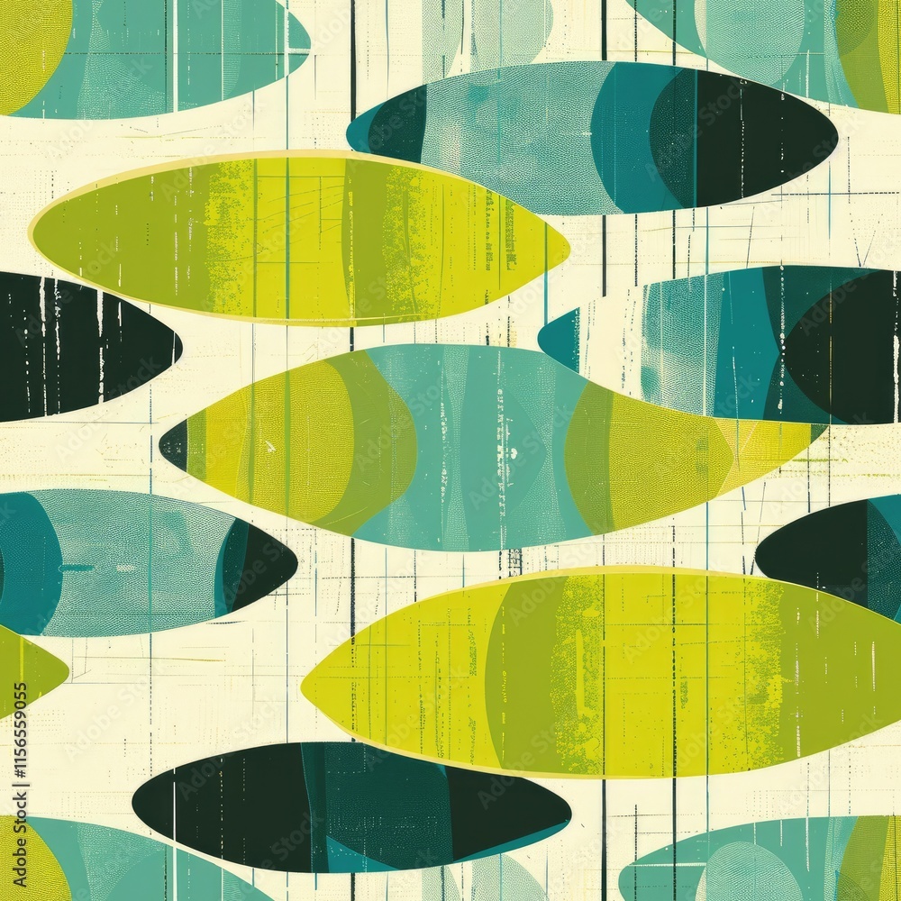 Poster abstract design featuring overlapping ovals in varying shades of green and blue.