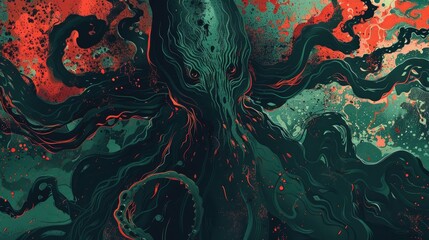 Obraz premium A dark, surreal illustration of a monstrous creature with tentacles and eerie colors.