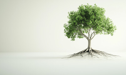 A solitary green tree with a lush canopy stands on a light background, symbolizing nature and growth.