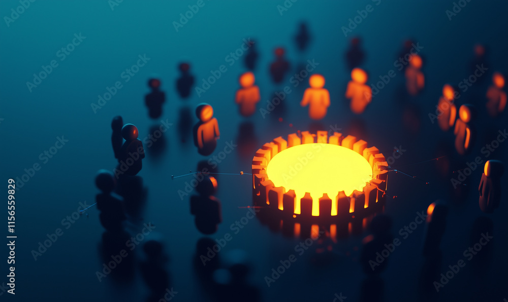Aufkleber a group of stylized figures surrounds a glowing circular light, creating a mysterious and engaging a