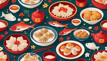 Illustration of traditional Lunar New Year dishes like dumplings, rice cakes, and fish, arranged in a playful, repeating seamless pattern