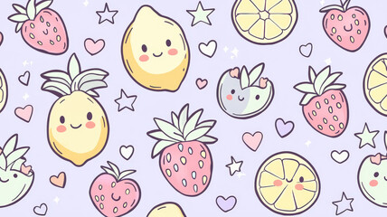 A pale lavender background with kawaii-style fruits like strawberries, lemons, and pineapples, featuring cute, happy faces and surrounded by pastel hearts and stars, perfect for fruity designs.