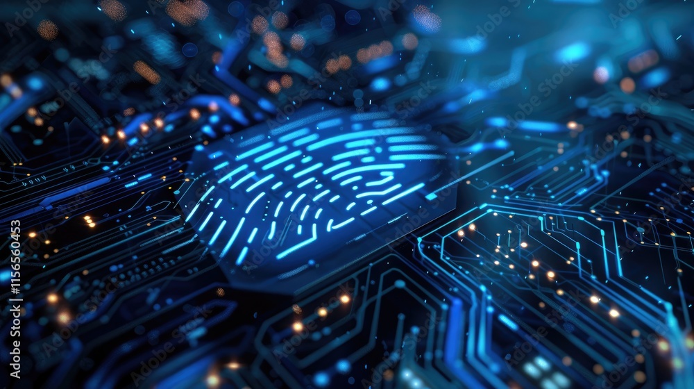 Poster a digital circuit board featuring a fingerprint design, symbolizing security and technology.