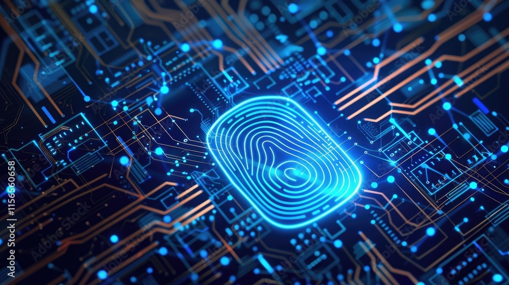 Poster a digital fingerprint overlay on a circuit board, symbolizing cybersecurity and technology.