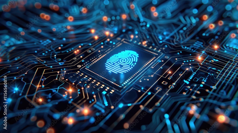Aufkleber a digital fingerprint on a circuit board, symbolizing security and technology integration.