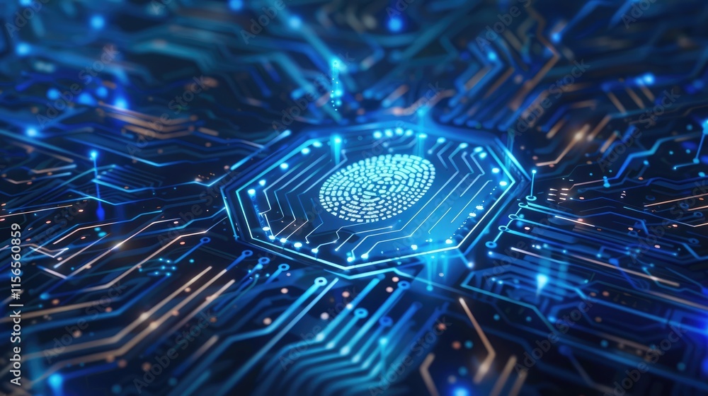 Aufkleber a digital representation of a fingerprint on a circuit board, symbolizing cybersecurity.