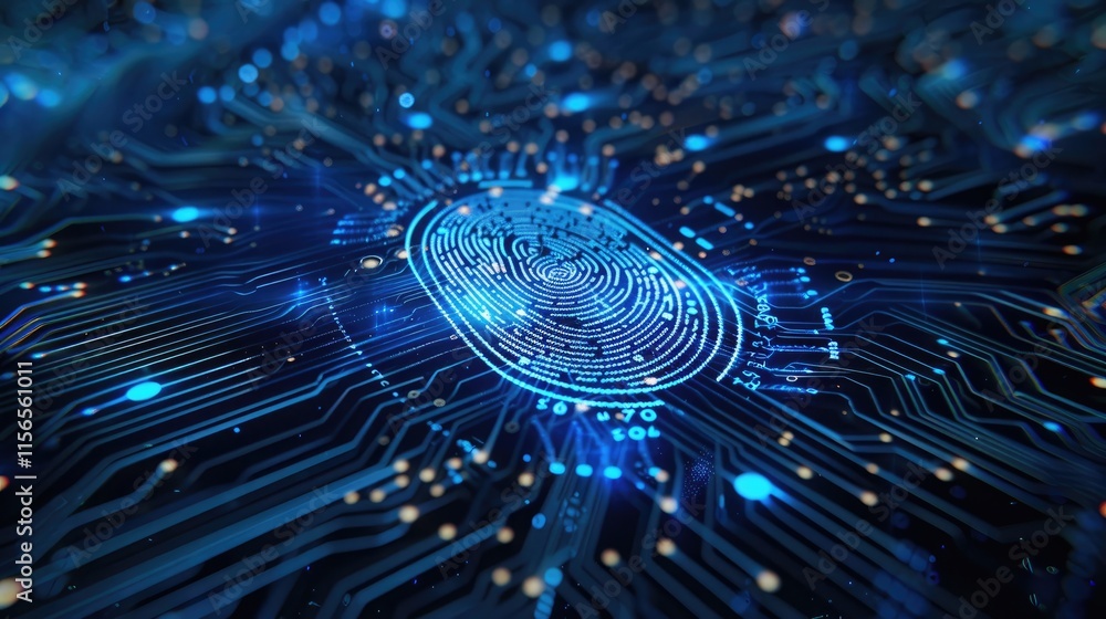 Poster a close-up of a digital fingerprint on a circuit board, symbolizing technology and security.