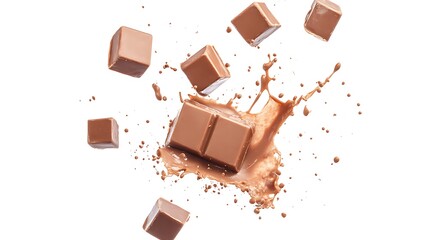 Fototapeta premium Delicious Milk Chocolate Cubes Dynamically Splashing Against White Background: Close-Up Photo. AI Generated