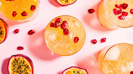 A pale pink background featuring close-up shots of beautifully presented cocktails, garnished with exotic fruits like passionfruit and pomegranate seeds, creating a chic, tropical vibe.