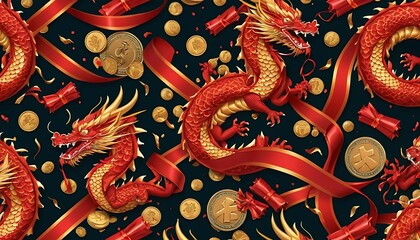 Obraz premium fairy-tale Lunar New Year design with mythical creatures like phoenixes and dragons, intertwined with clouds and floral motifs in vibrant hues