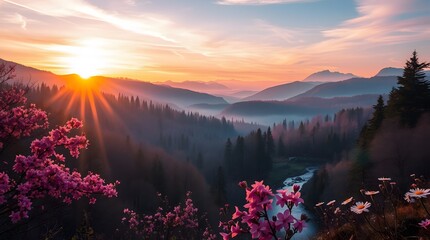 Spring Forest Mountain River in Sunrise
