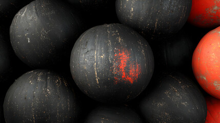 Textured Spheres, A Study in Contrast and Composition.  Black balls with one red accent stand out dramatically against a dark background.