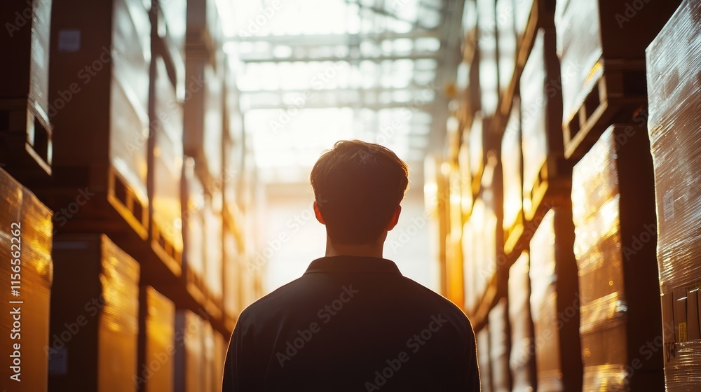 Poster delivery professional in warehouse environment with stacks of boxes and illuminated path for text sp