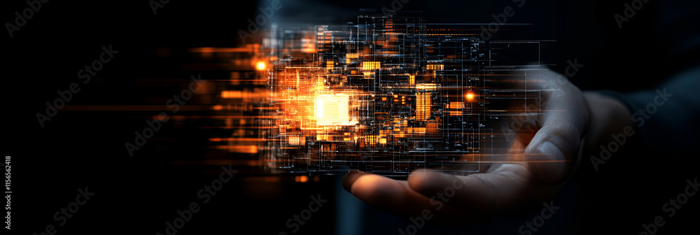 Aufkleber digital data stream held in hand, transforming innovation rapidly and efficiently.