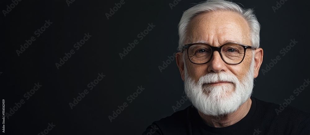 Poster elderly man smiling confidently against a dark background with ample space for text or branding in a