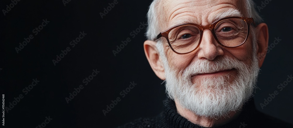 Poster elderly man smiling portrait with dark background and space for customizable text or message