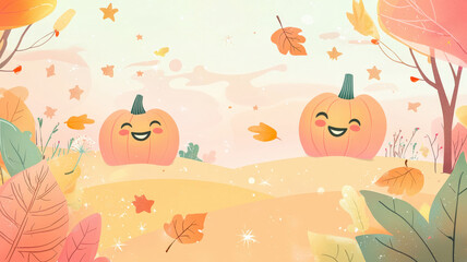 A pastel autumn landscape with smiling pumpkins, falling leaves, and sparkly stars, creating a warm and cute, seasonal atmosphere.