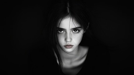 Naklejka premium A striking portrait featuring a young woman with expressive eyes and freckled skin against a dark background, ideal for fashion, beauty, or emotional branding projects,