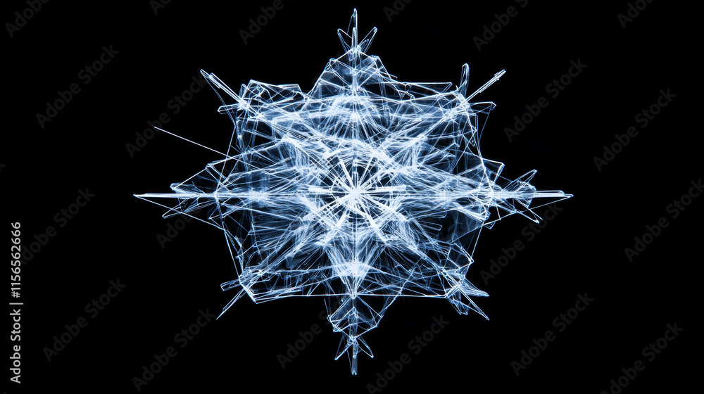 Poster the snowflake hologram. a snowflake made up of polygons, triangles, points, and lines. snowflake is 