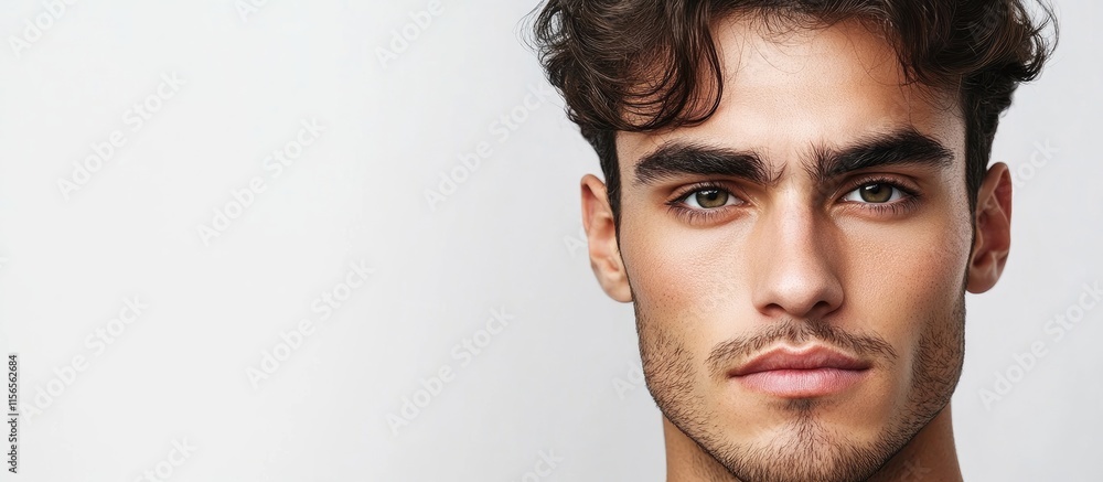 Poster male model with bold eyeliner showcasing a serious expression against a clean white background with 