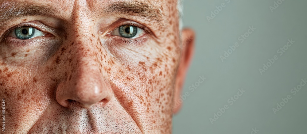 Poster middle aged man's close-up portrait showcasing skin spots and textured features with customizable em