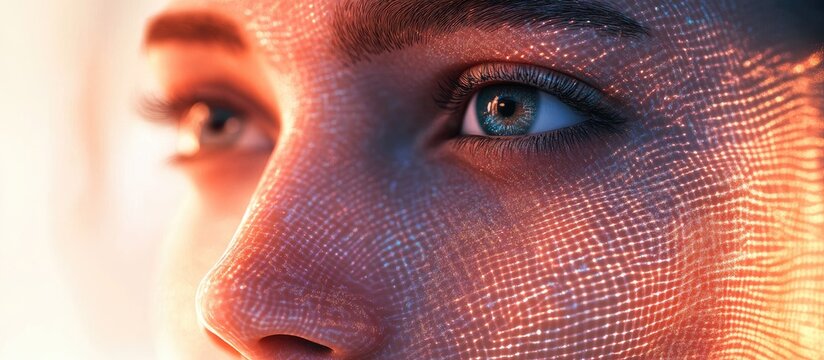 Close Up of Human Skin Texture with Detailed Facial Features and Empty Space for Text for Dermatology or Technology Themes