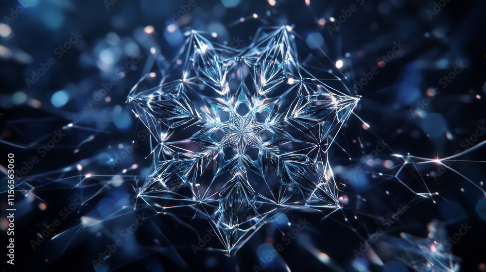 Poster a snowflake hologram. a snowflake made of polygons, triangles, points, and lines. snowflake is a low