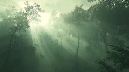 Fototapeta premium Serene Mist-Shrouded Forest: A Digital Painting in Dreamlike Style. AI Generated