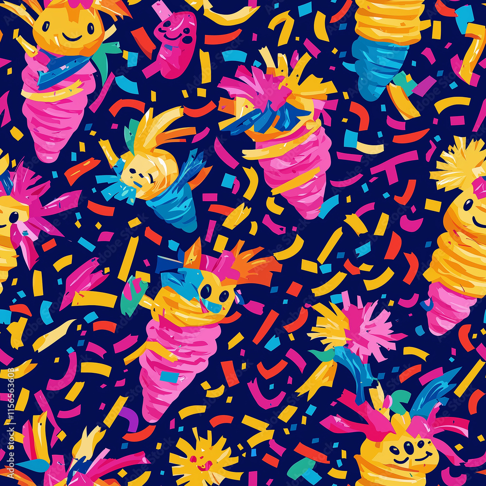 Poster colorful, playful abstract pattern featuring whimsical characters and vibrant elements on a dark bac