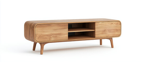 Fototapeta premium Stylish wood TV stand clean lines and storage with Minimalist furniture rosewood concept