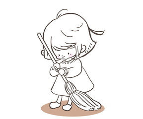 ほうきで掃き掃除をする女の子
