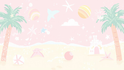 Naklejka premium A pastel pink beach background featuring kawaii-style palm trees, beach balls, and cute sandcastles in soft shades, creating a fun and playful tropical atmosphere.