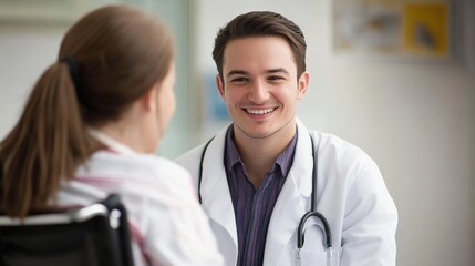 Smiling doctor looking at a patient on a wheelchair